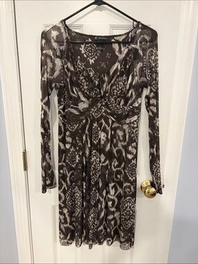 INC International Concepts Brown and Cream Twist-Front Long Sleeve Dress